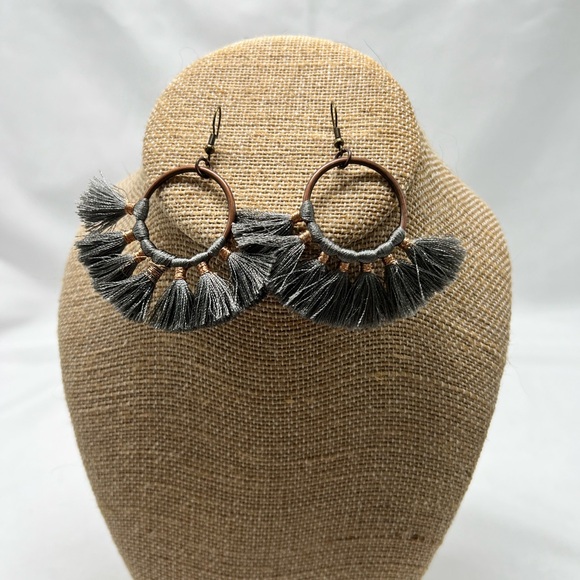 Grey Fringe Statement Earrings - Picture 1 of 5